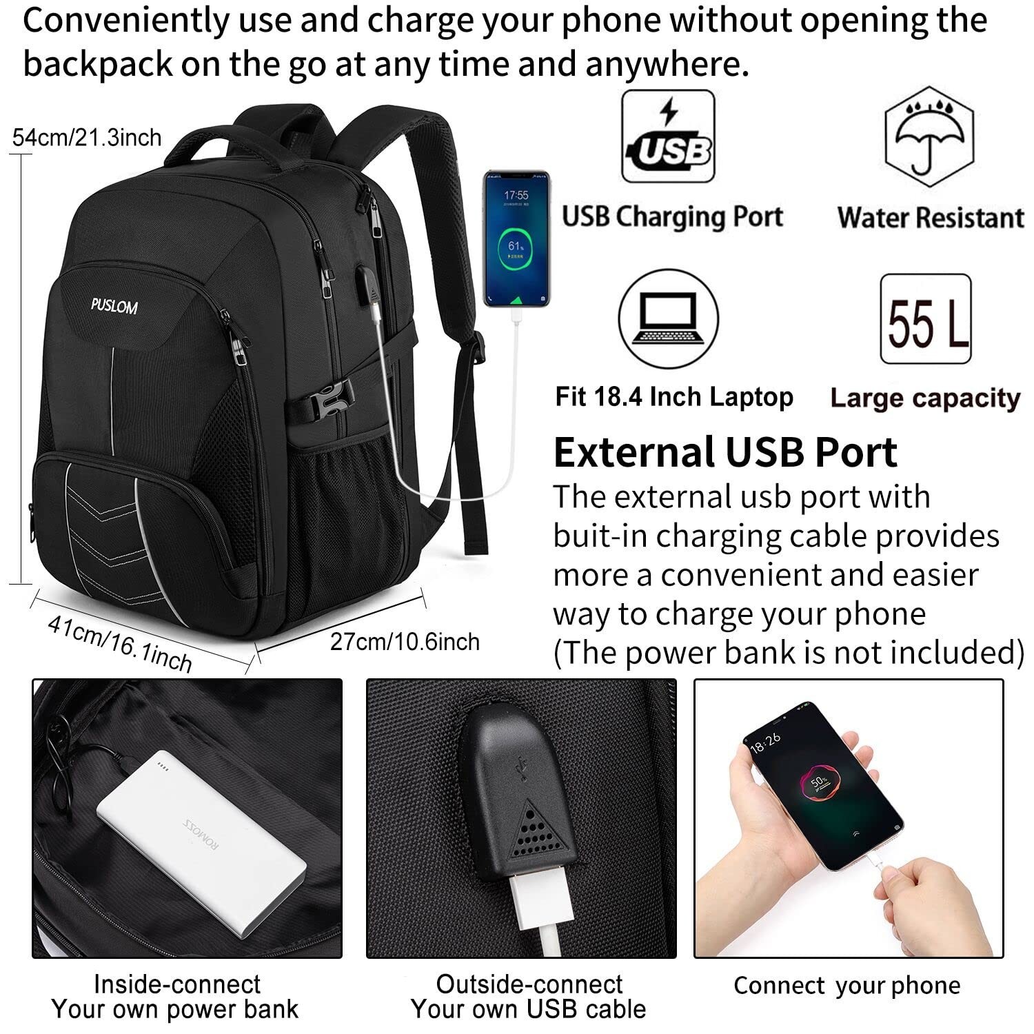 Extra Large 55L Travel Laptop Backpack, USB Charging, TSA Approved, Heavy Duty C
