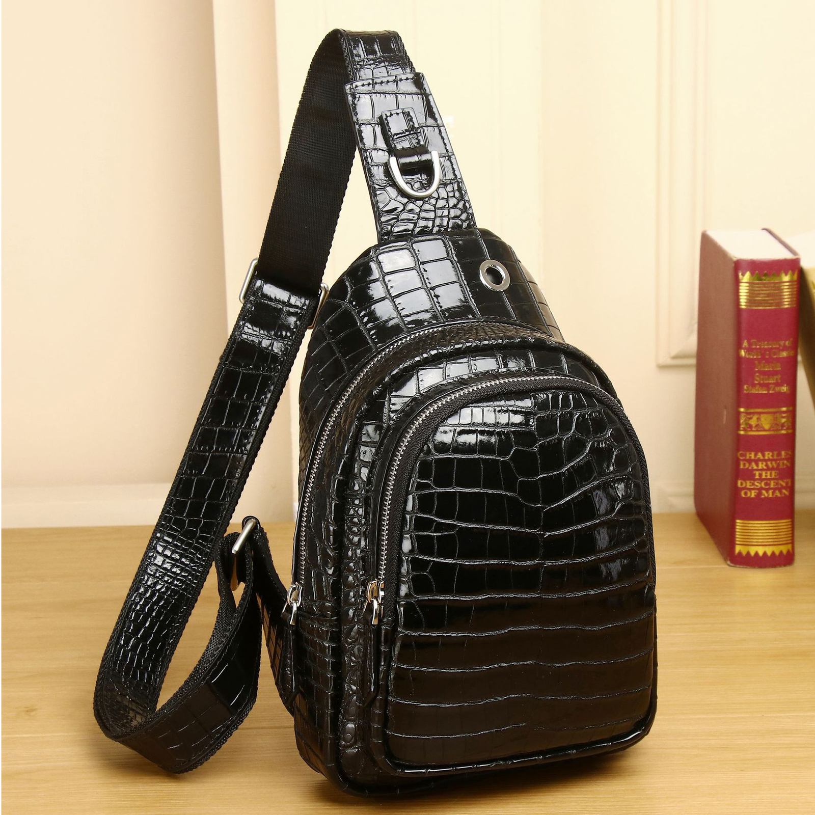 Genuine Leather Men’s Sling Backpack, Shiny Crocodile Pattern Crossbody Bag