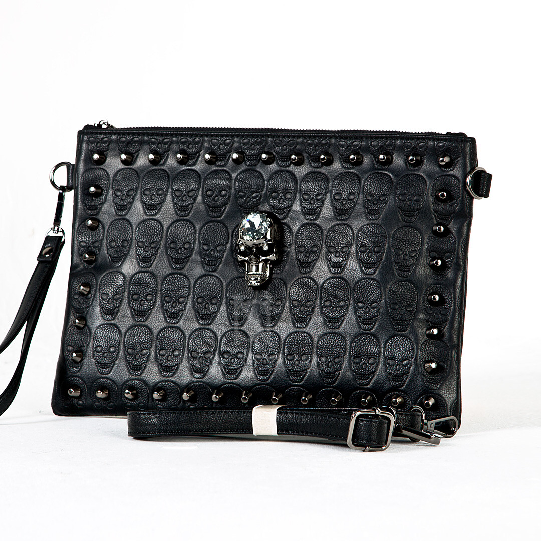 NewStylish Crystal skull studded leather clutch bag