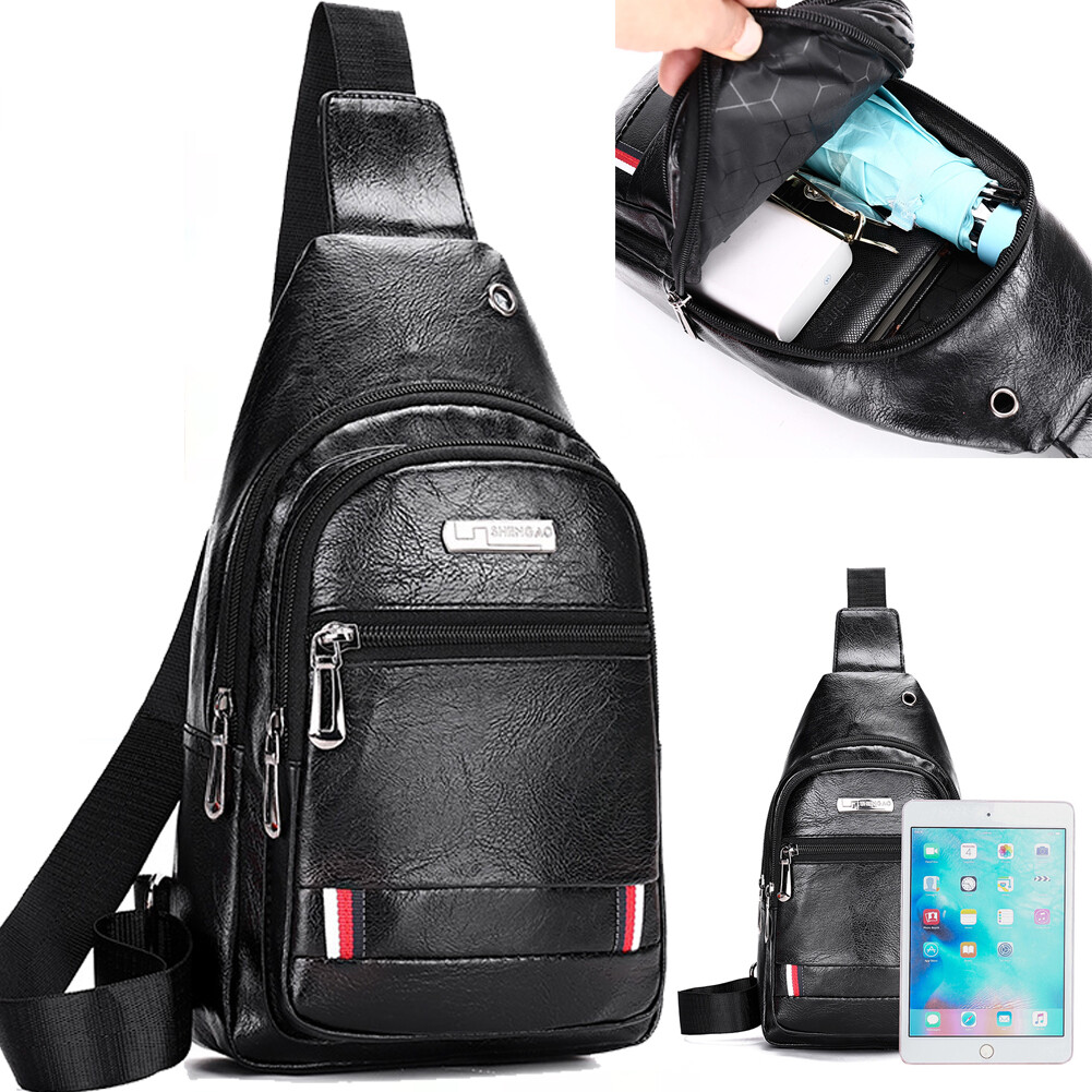 Men Leather Sling Bag Chest Shoulder Crossbody Backpack USB Charging Port Travel