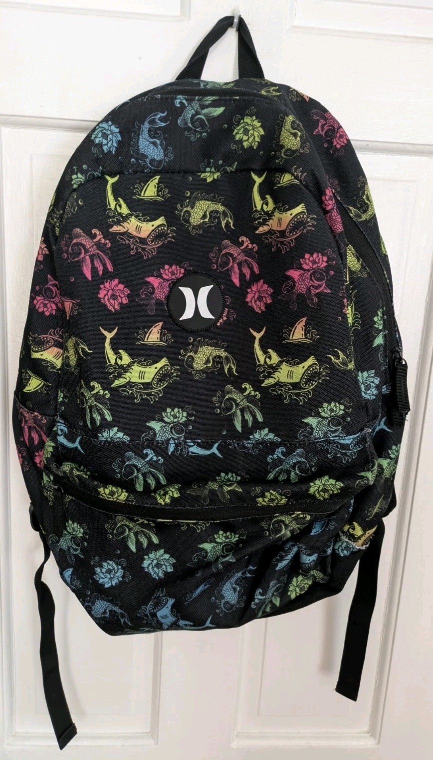 Hurley black ocean theme Shark Fish school backpack book bag READ