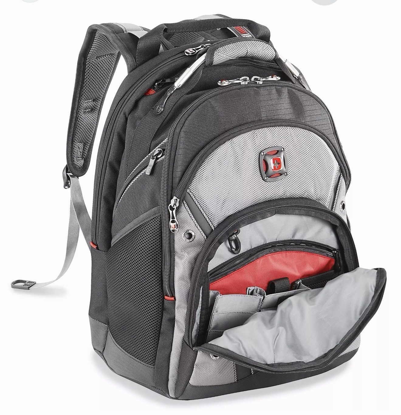 SwissGear Black/Gray/Red Multi-Compartment Backpack, Padded Adjustable Straps