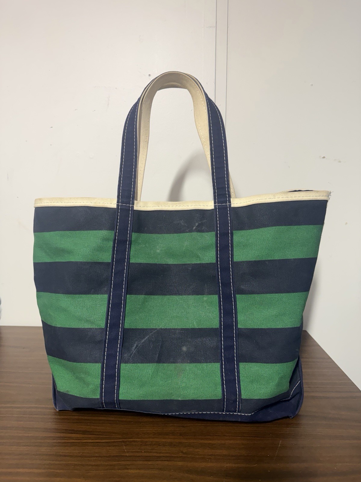 LL Bean Boat and Tote Bag Large Green Navy Striped Canvas Zip Top Vintage Rare