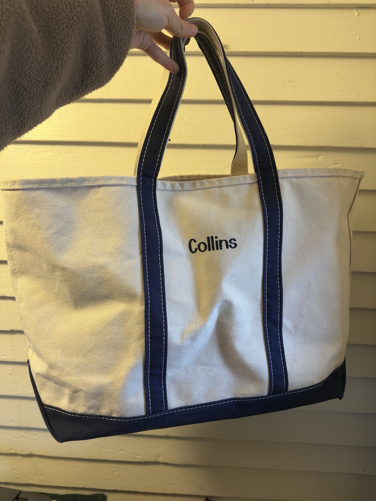 Vintage L.L. Bean Boat & Tote Made in USA White Blue Canvas Tote Bag Large