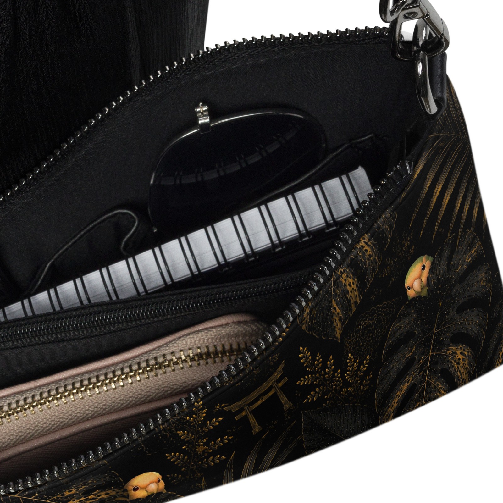 Lovebird Crossbody Bag, Black Gold Bird Purse, Faux Leather Handbag