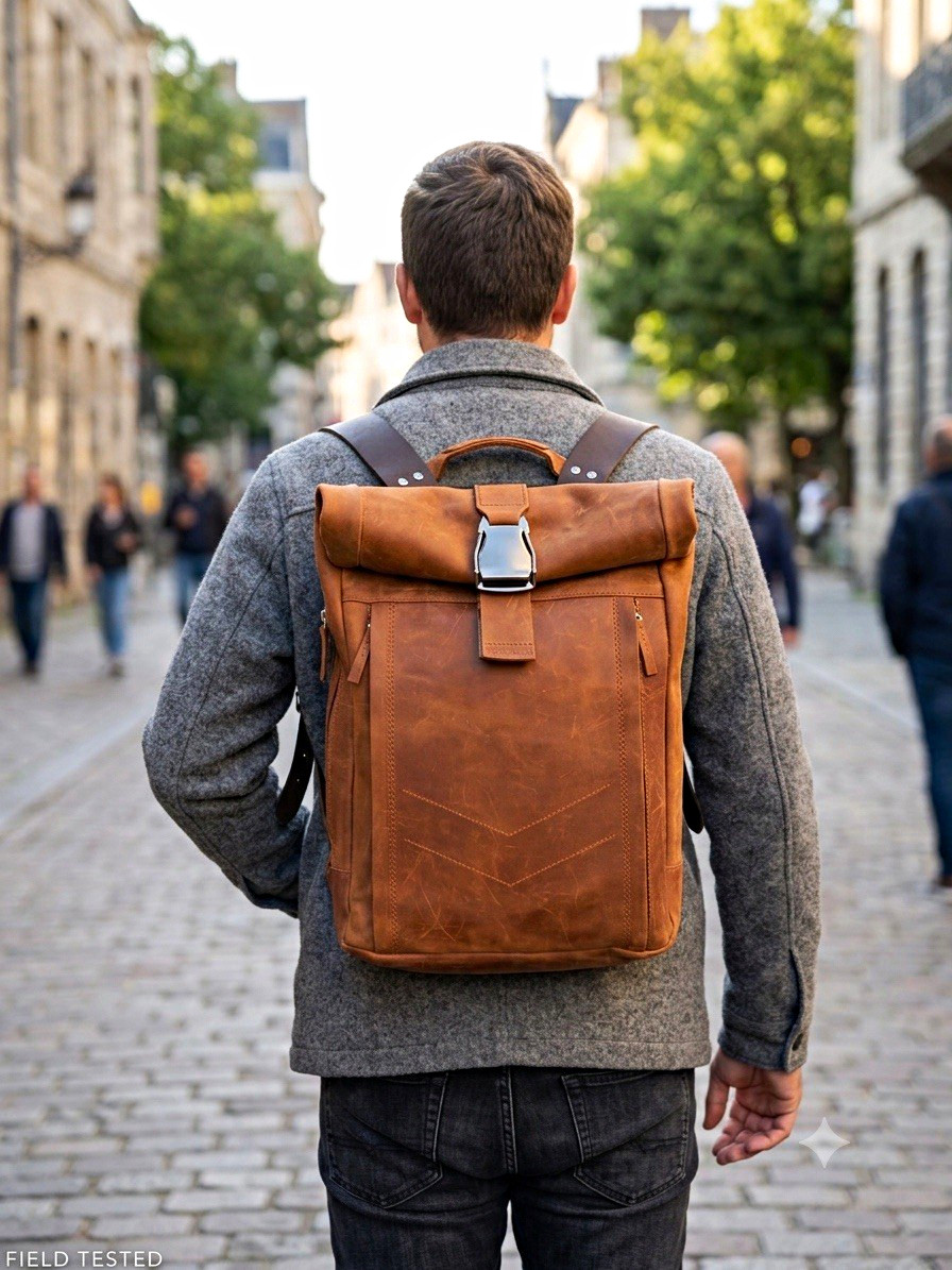 Men’s Brown Roll-Top Backpack Buckle & Zip Closure with Outer Pockets