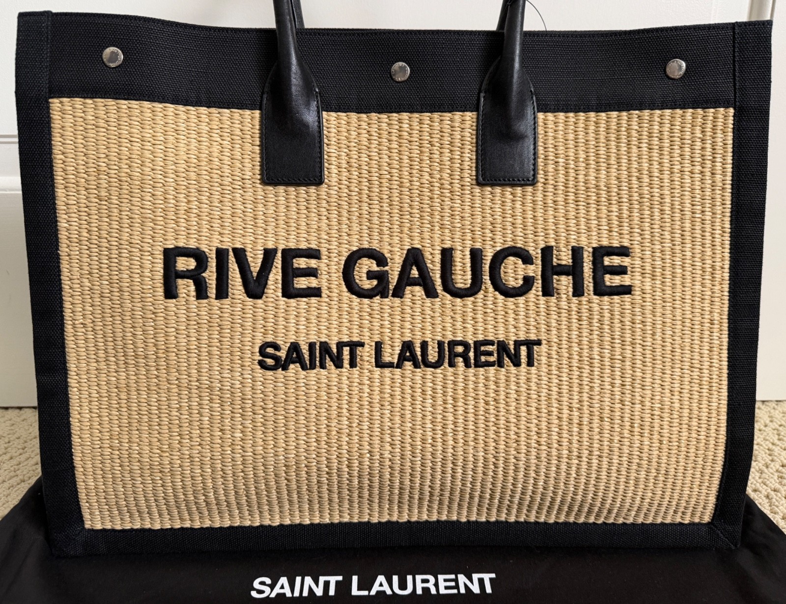 NWT Saint Laurent YSL Rive Gauche Raffia Beige Black Canvas Logo Tote Bag $3450