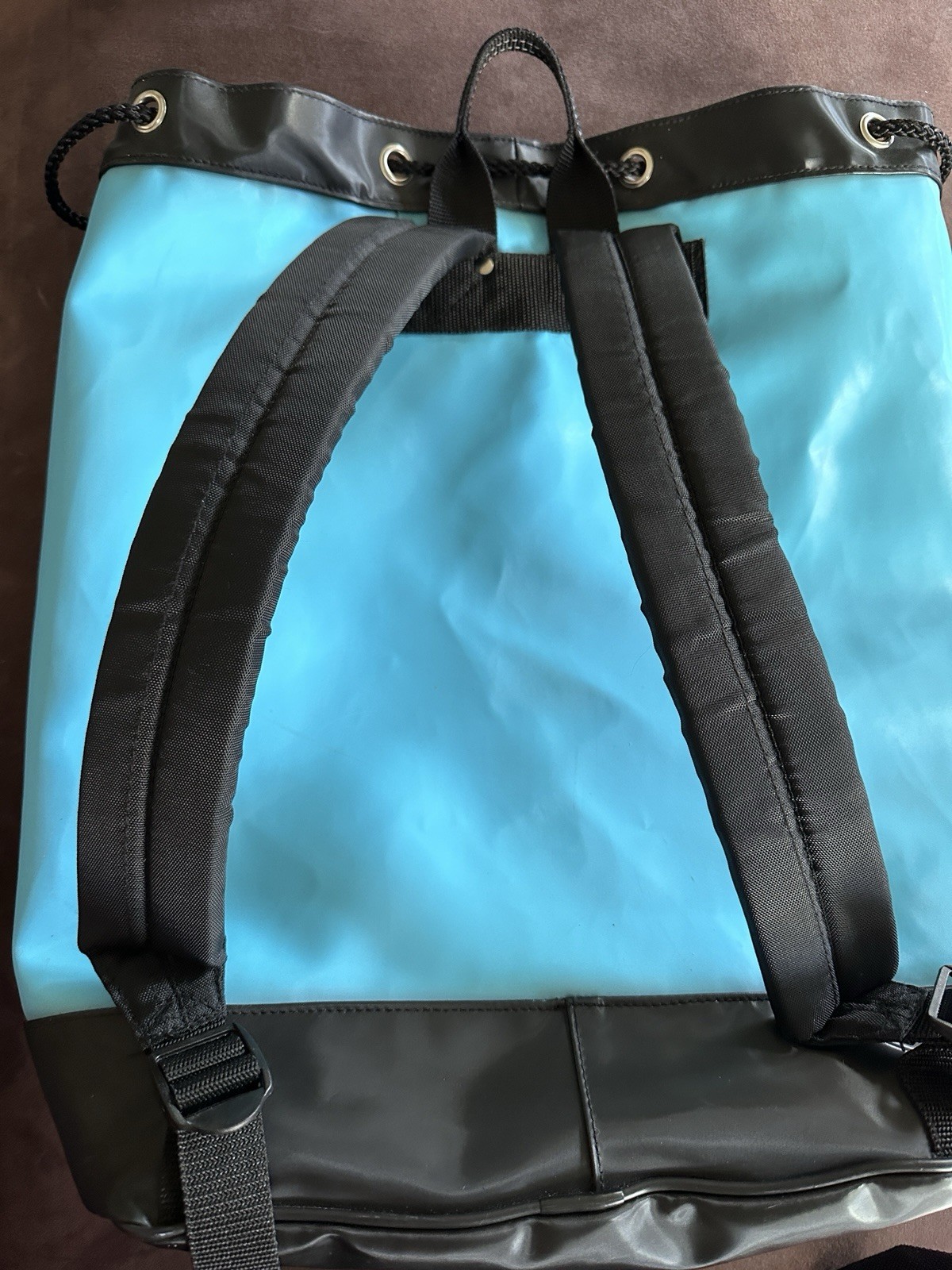 Vintage Mondo brand drawstring backpack vibrant aqua blue waterproof 90s Y2K