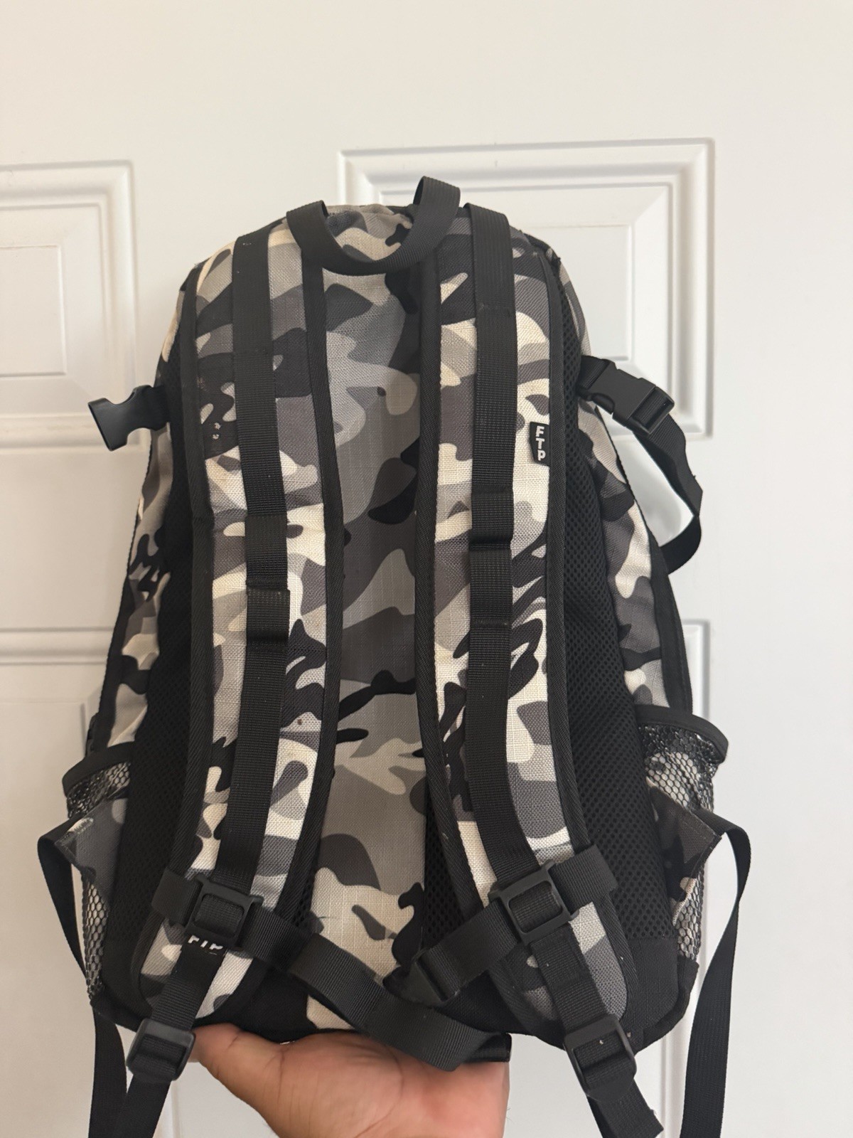 FTP Camo Backpack Gray Black White Army Theme Zip Closure Bottle Pocket