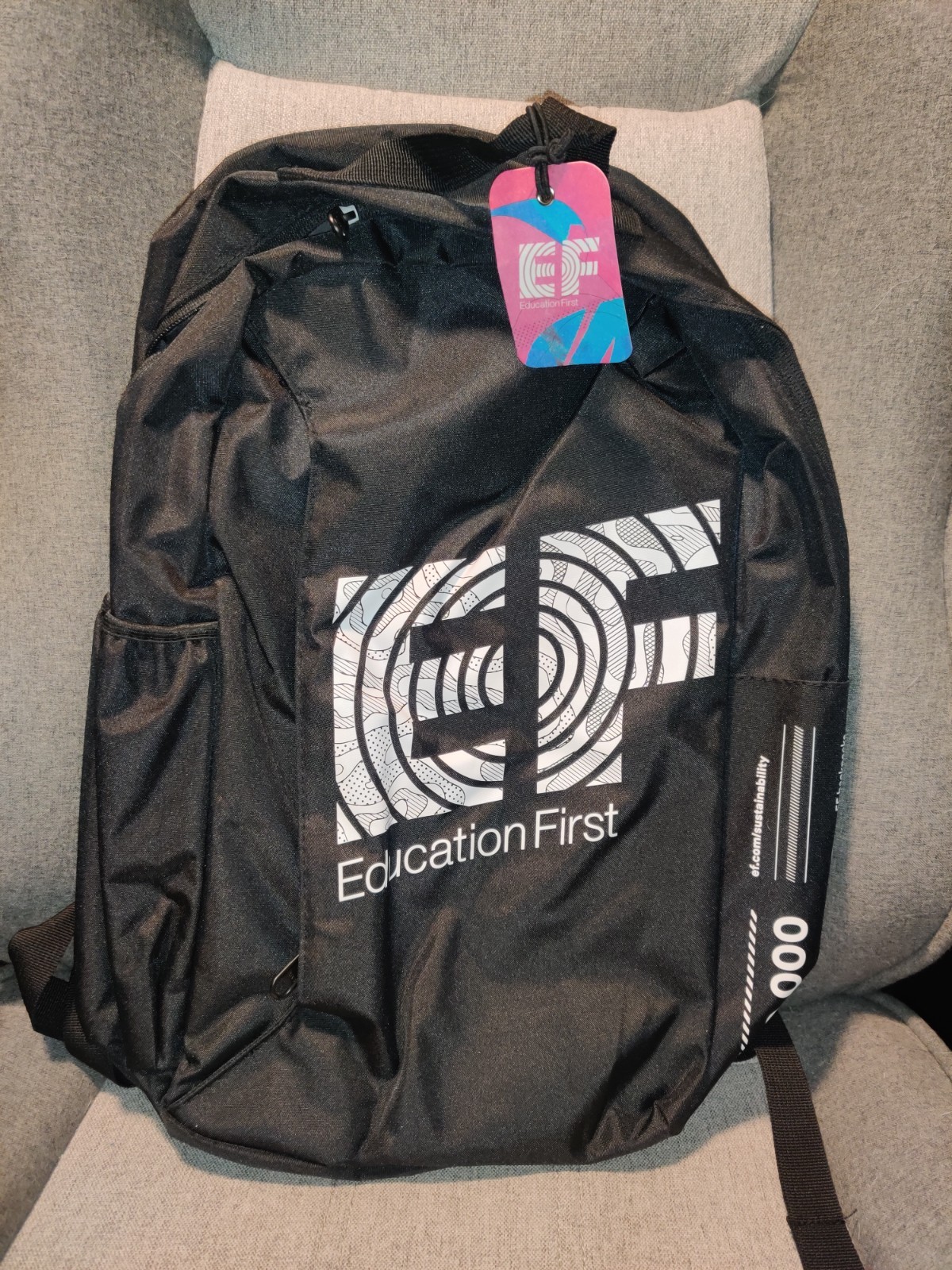 Education First (EF) Backpack Black And White. NWT 2025. Recycled material 18″