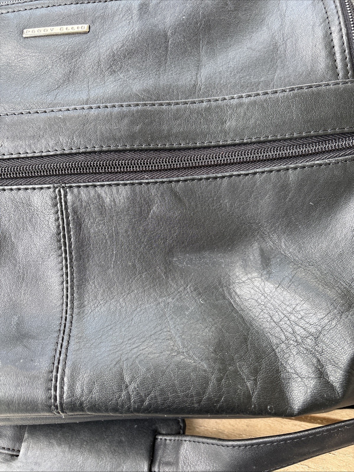 Perry Ellis Black Leather Expandable Briefcase Laptop Bag 16x12x6 Inches
