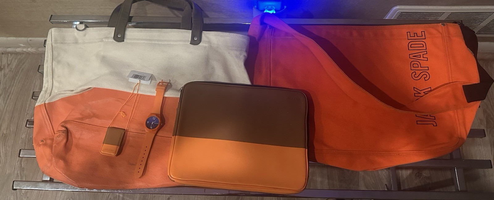 Lot 5 JACK SPADE ORANGE 1. Messenger 2. Tote 3. Laptop Bags 4. Watch 5. $ Clip