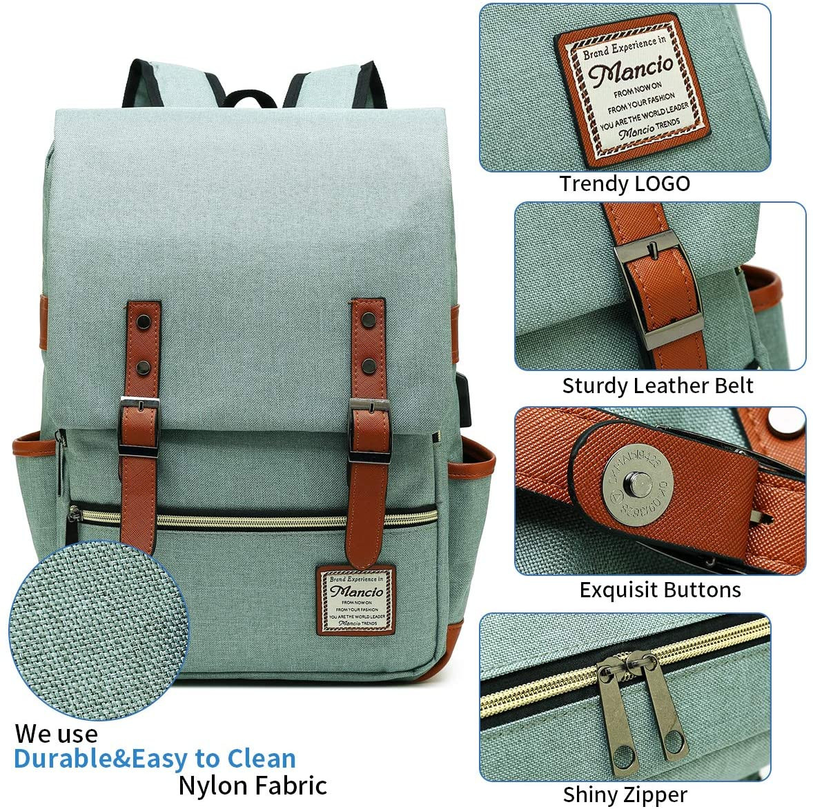 Slim Vintage Laptop Backpack with USB Port for 15.6″ Notebooks – Green