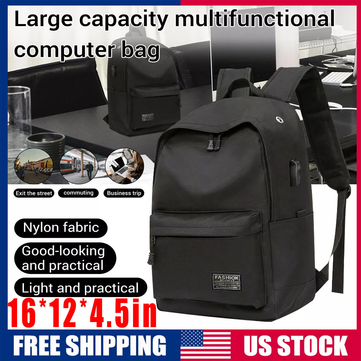 Men Women Backpack Travel Rucksack School 15.6″ Laptop Bag W/ USB Charging Port