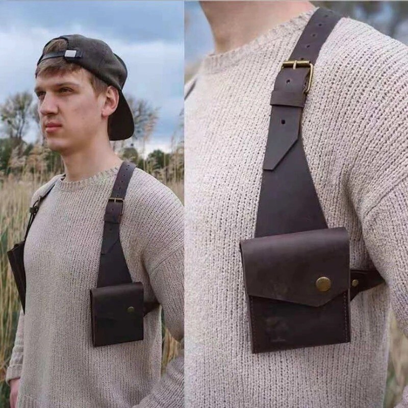 Shoulder Harness Bag Steampunk PU Leather Anti Double Wallet Underarm Bag Case