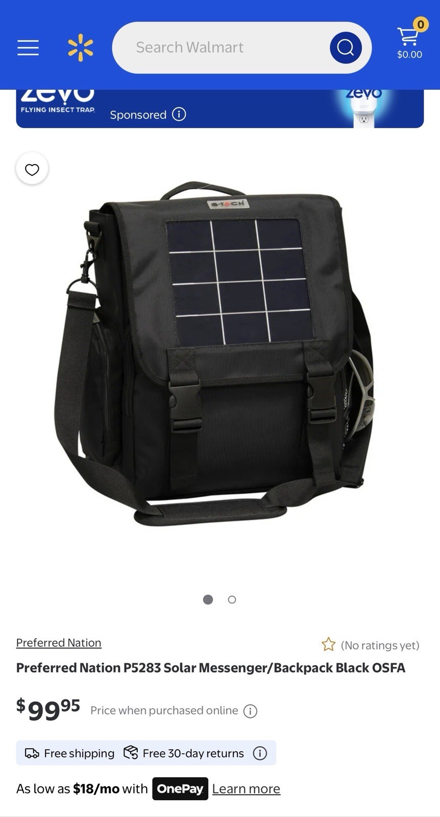 Preferred Nation P5283 Solar Messenger/Backpack Black OSFA