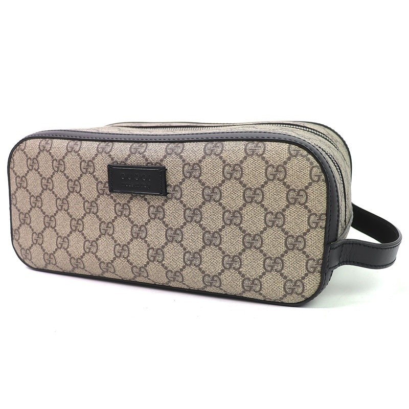 Gucci GG Supreme Canvas Clutch Bag Double Zip Beige Black Pochette