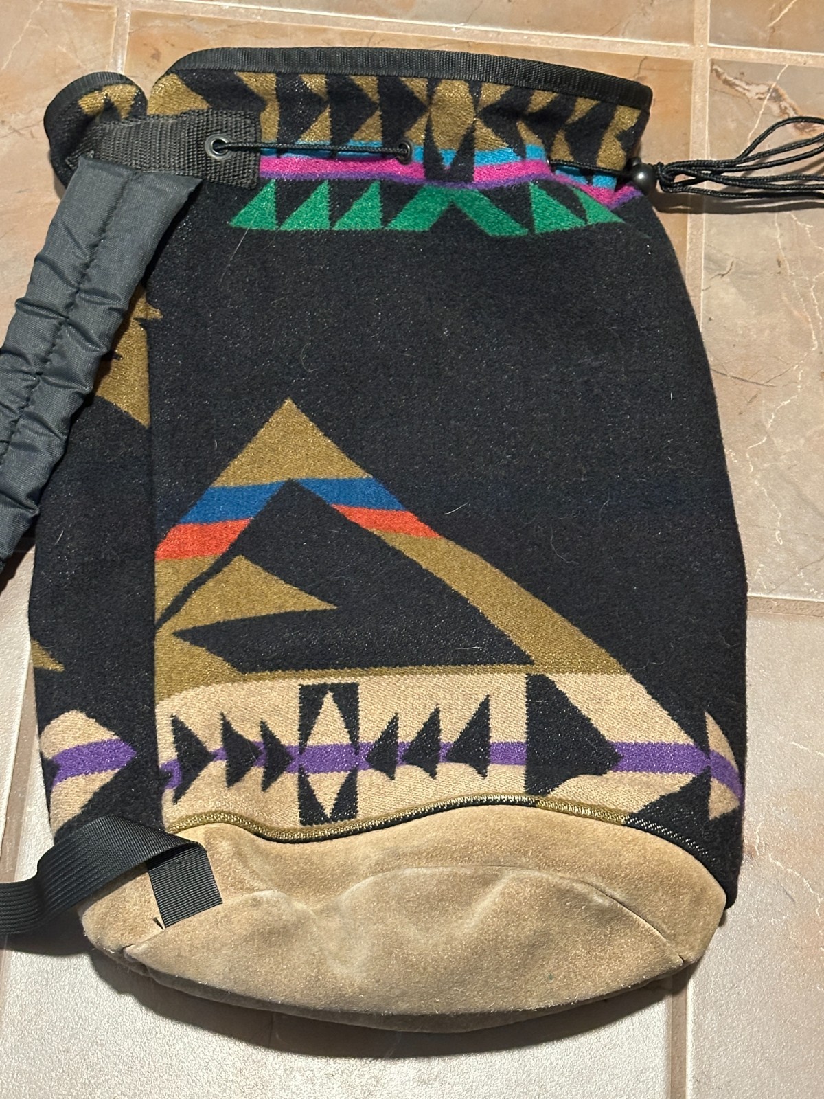 Vintage Pendleton Wool Sling Backpack 90s Aztec Leather Bag Over the shoulder