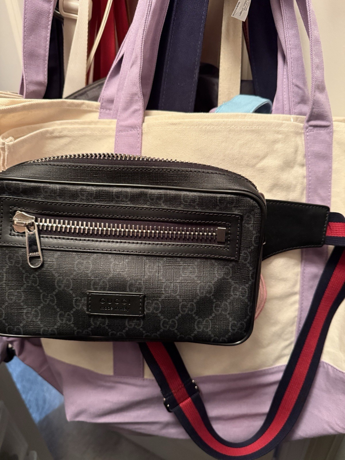 GUCCI Supreme Monogram Web Belt Bag Black Grey USED/ In Excellent Condition!