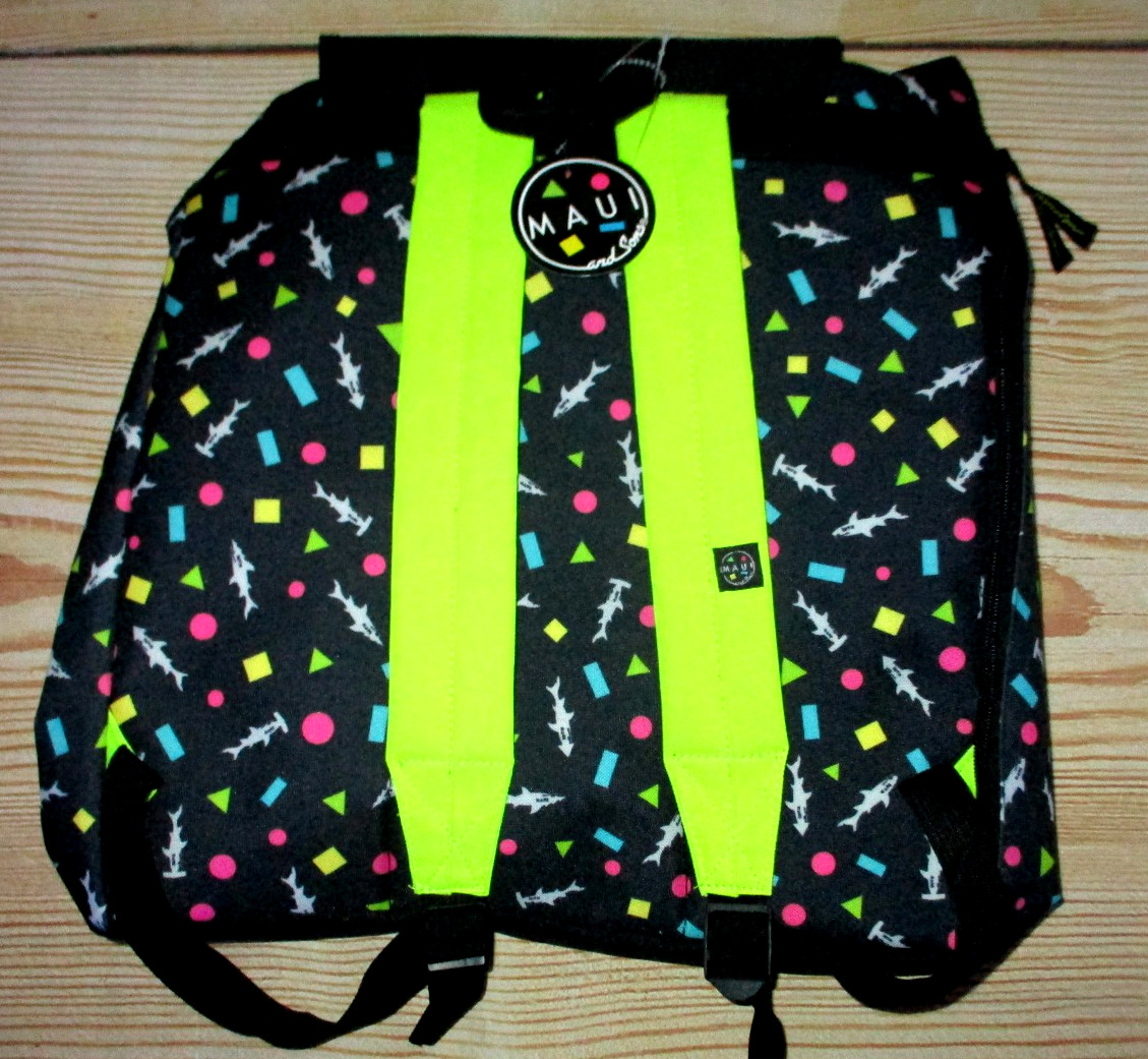 MAUI AND SONS SHARKS ALL OVER DRAWSTRING BLACK BAG SACK PACK BACKPACK