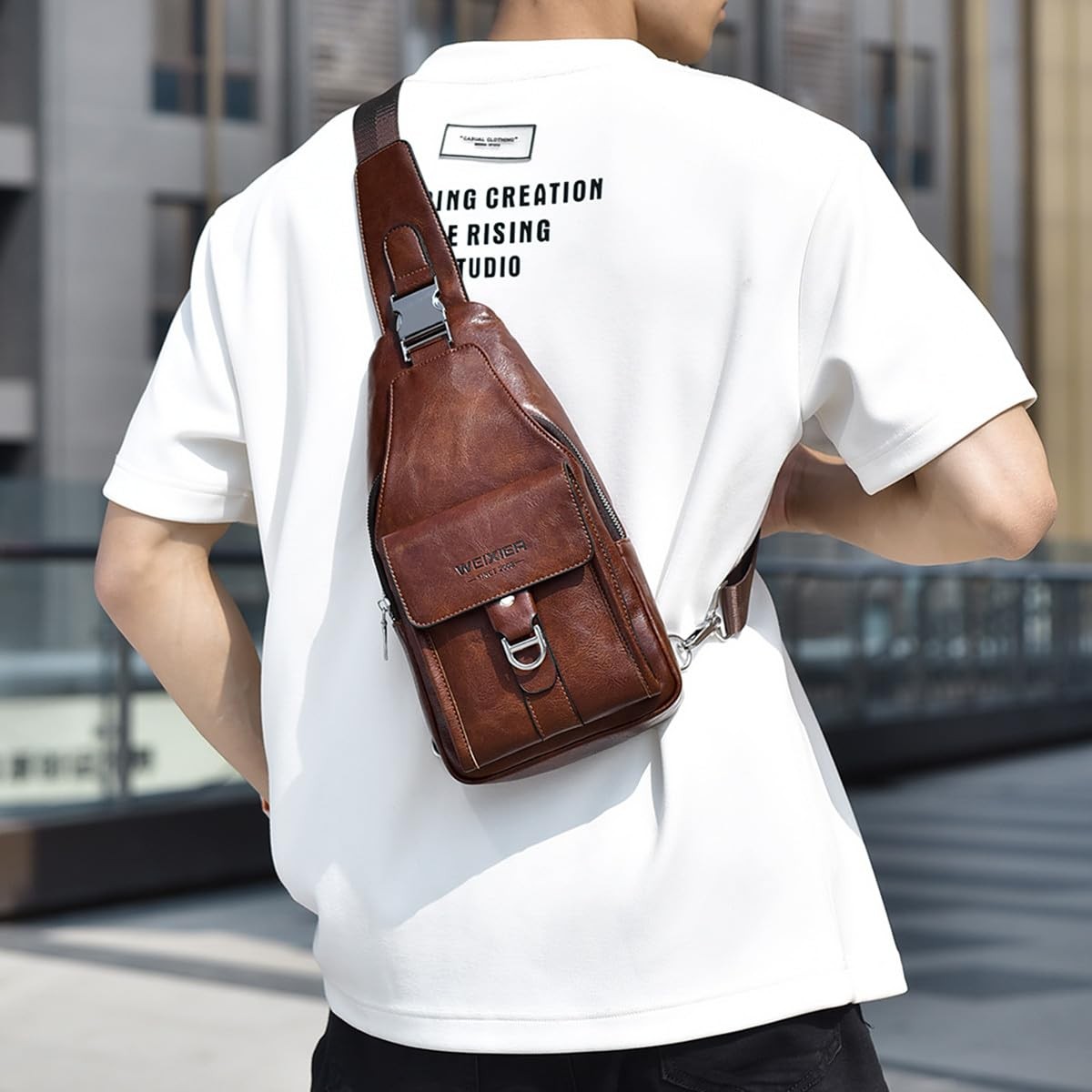 Sling Bag for Men PU Leather Waterproof Crossbody Chest Pack Hiking Cycling