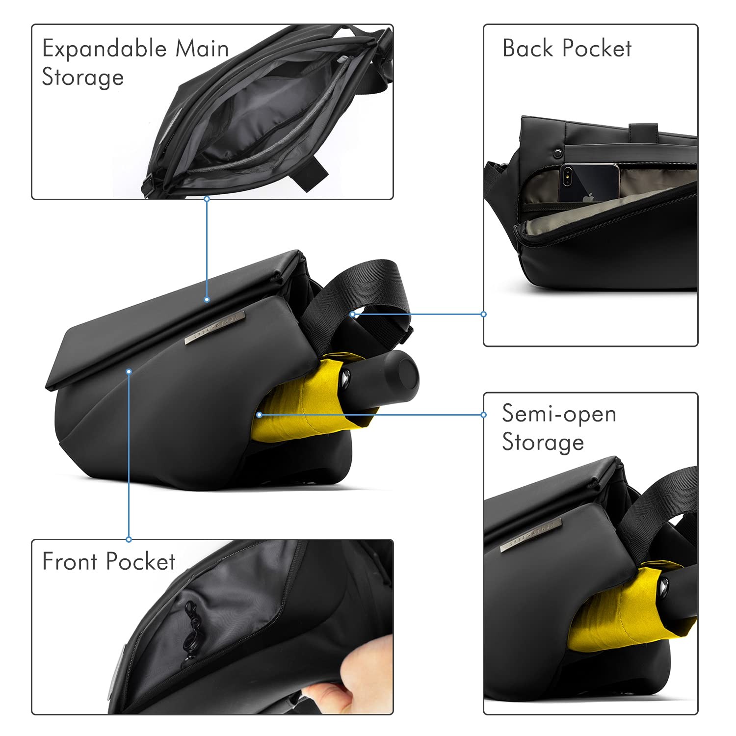EDC Sling Bag for Men, Expandable 5L-6L Capacity, Black, Versatile Everyday Use