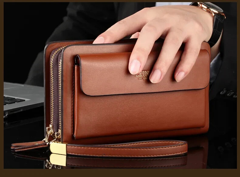 Mens Wallet Leather Zipper Large Phone Card Holder Bag Business Clutch Handbag