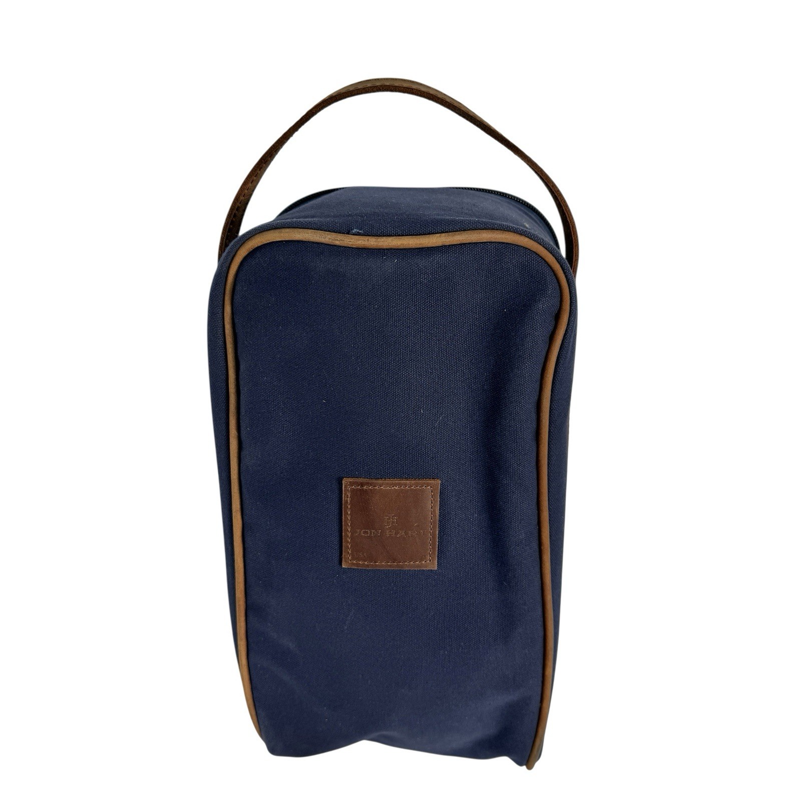 Jon Hart Navy Coated Canvas Shoe bag leather Trim Travel Bag Monogram