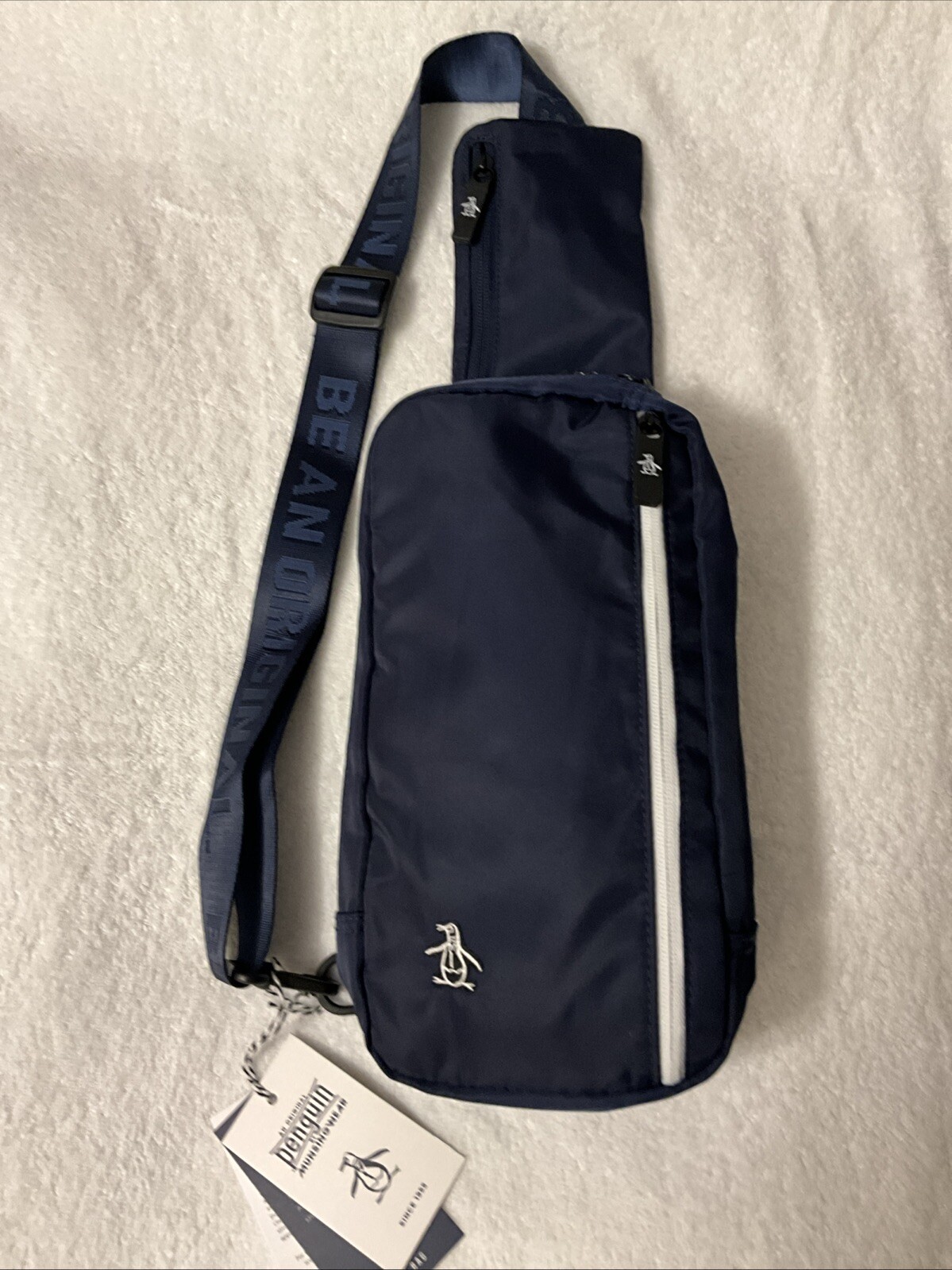 NEW! ORIGINAL PENGUIN NAVY SLING BAG MULTI POCKET ADJUST STRAP 12″X7″X3.5″