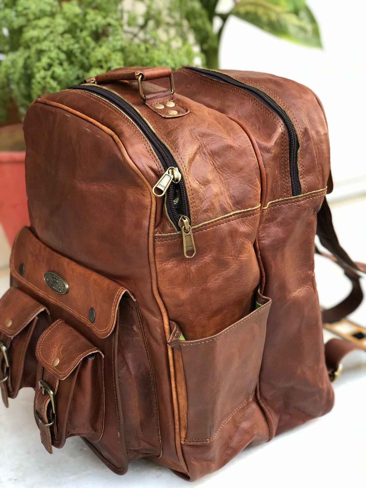 16″ Large Oversize Leather Multi Pockets Back Pack Rucksack Travel Bag For Men’s