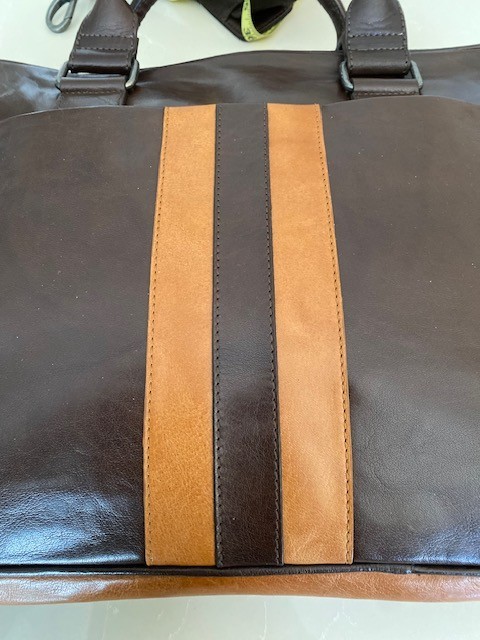 Joseph Abboud Brown/Tan Rustico Leather Handbag with Pockets and Adj Strap
