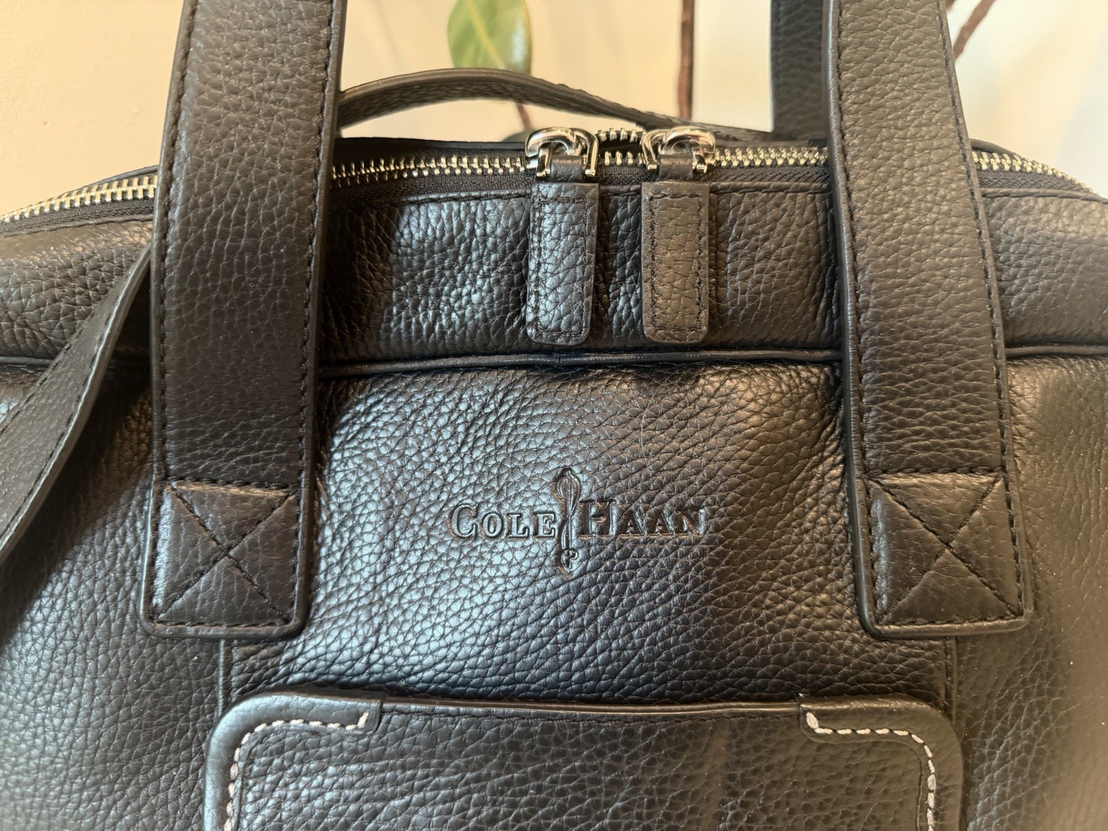Cole Haan Black Leather Briefcase Workbag With Detachable Shoulder Strap