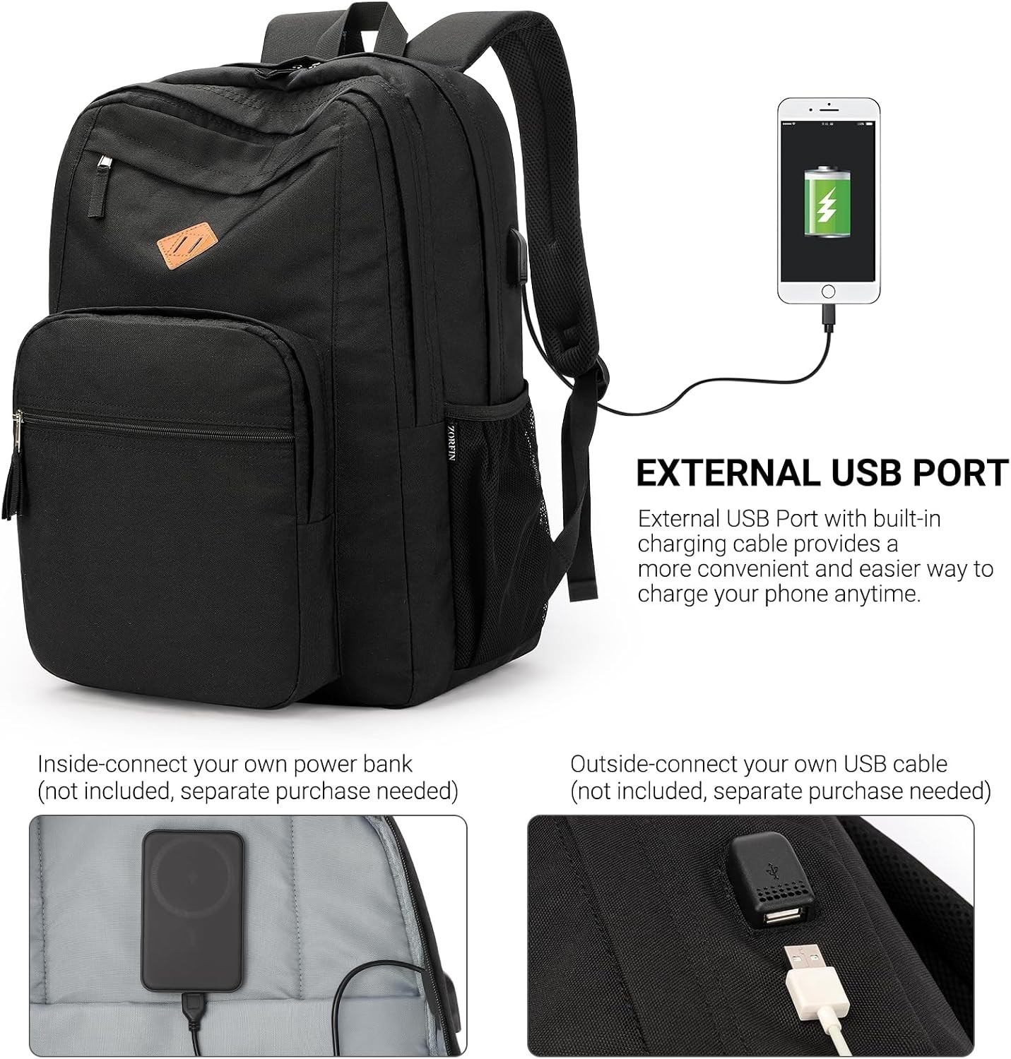36L Black Backpack for College, and Travel: Water Resistant Bookbag 18.5 inch