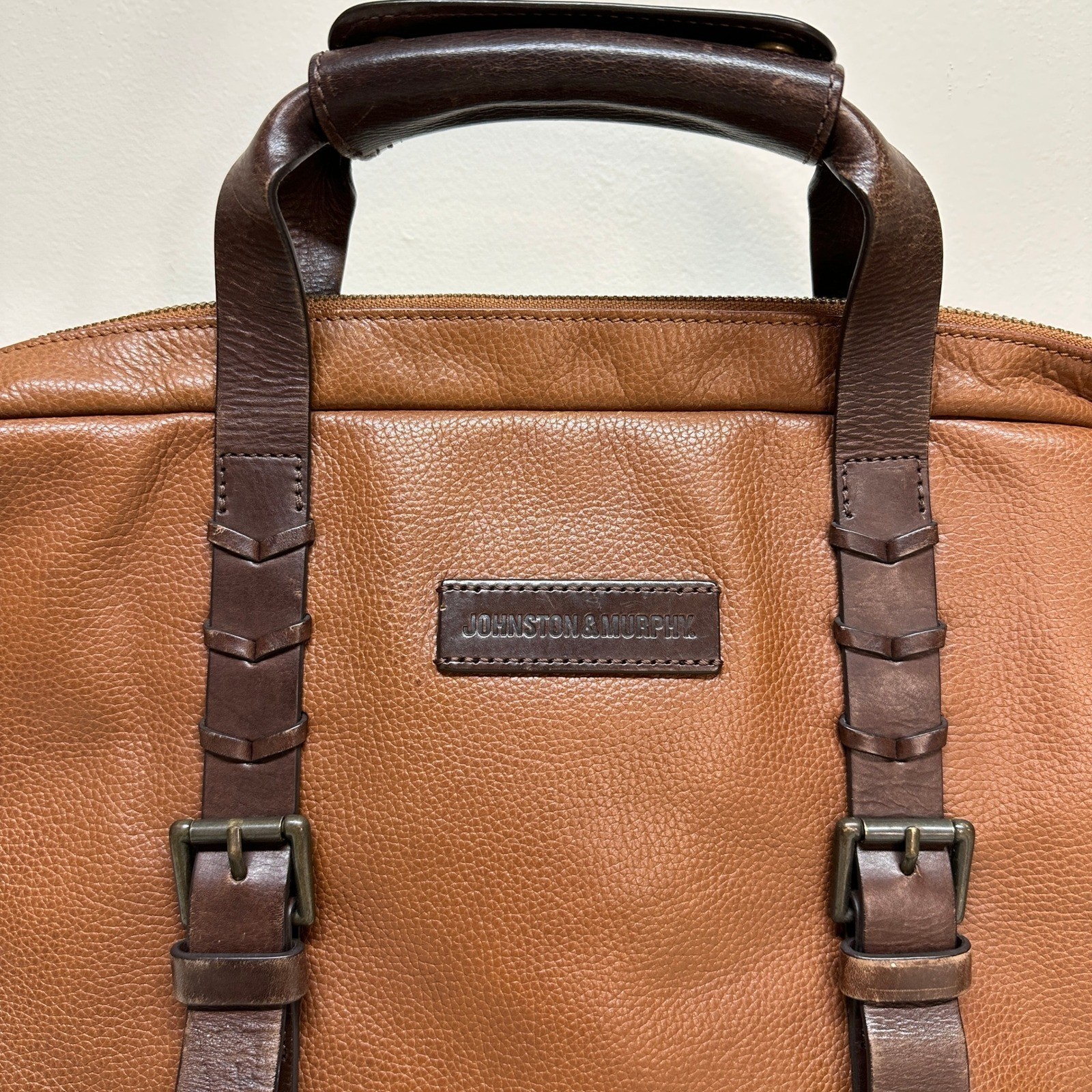 Johnston & Murphy Mens Brown Leather Briefcase Laptop Messenger Bag Two Tone