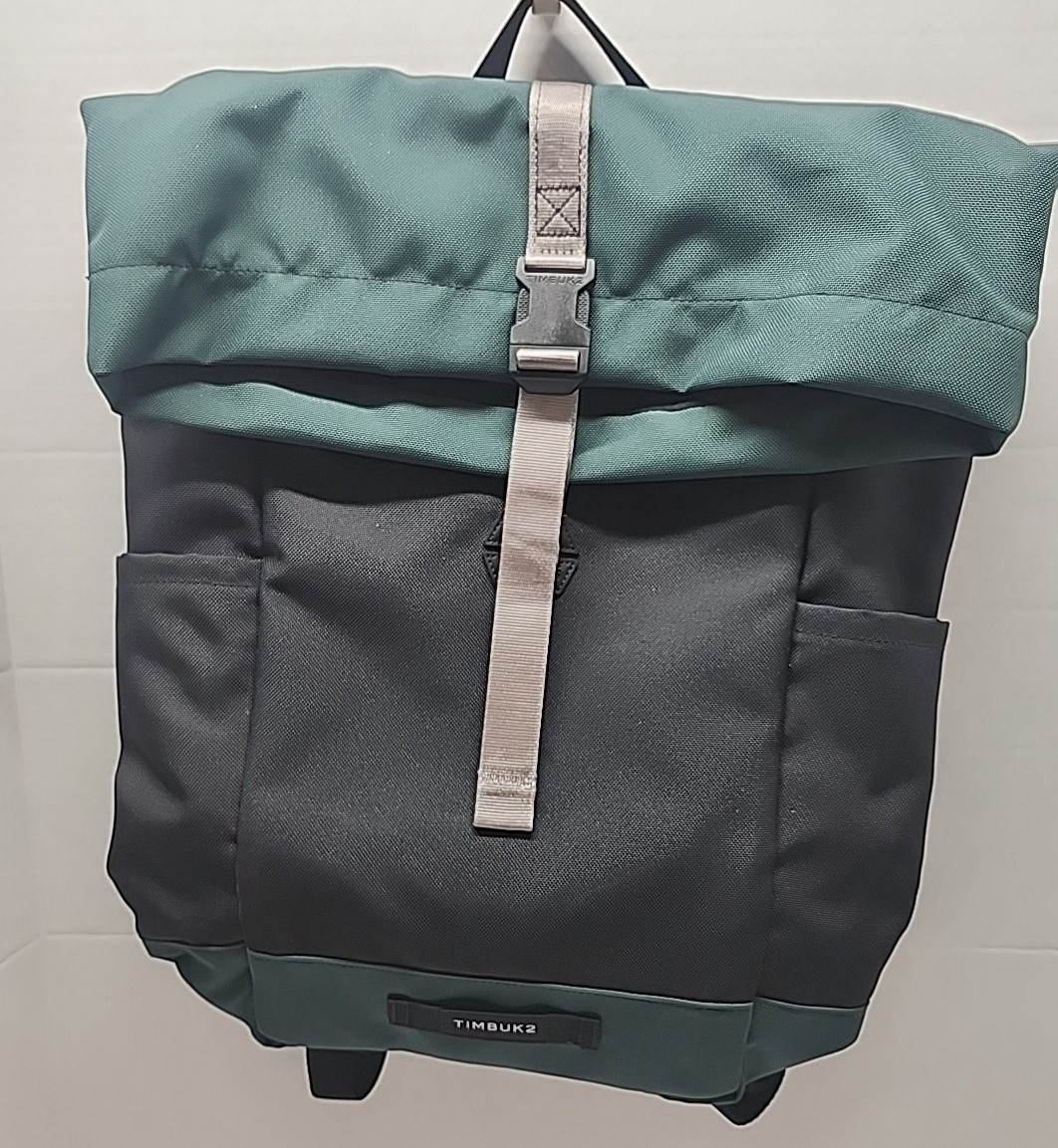 TIMBUK2 Backpack Tuck Pack Black Green Roll Top Travel Computer Messenger Bag