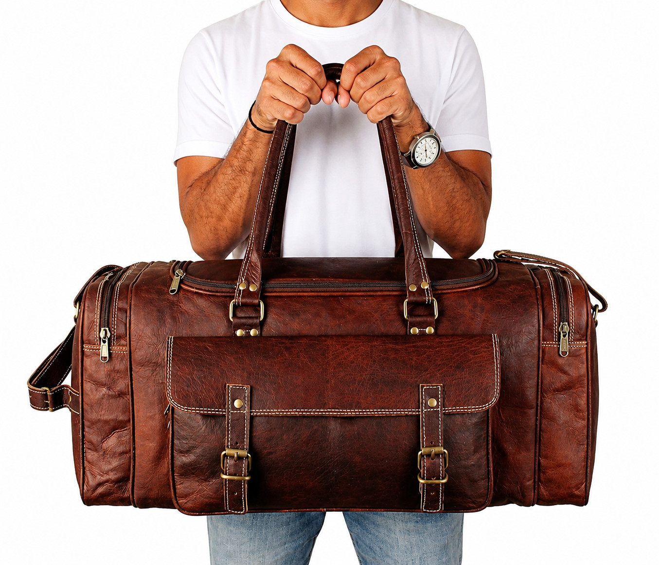 Large 24 Inch Leather Weekender Bag Mens Vintage Brown Duffle Travel Luggage