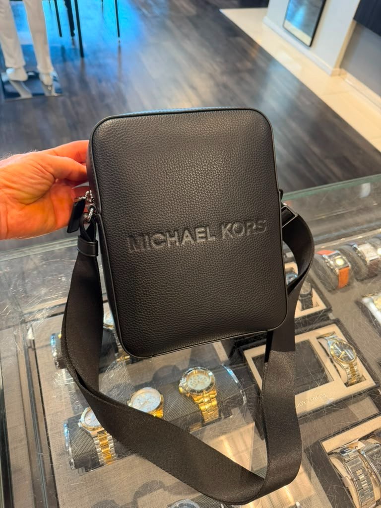 Michael Kors Cooper Grained Leather Messenger Travel Bag Embossed Logo Black Men