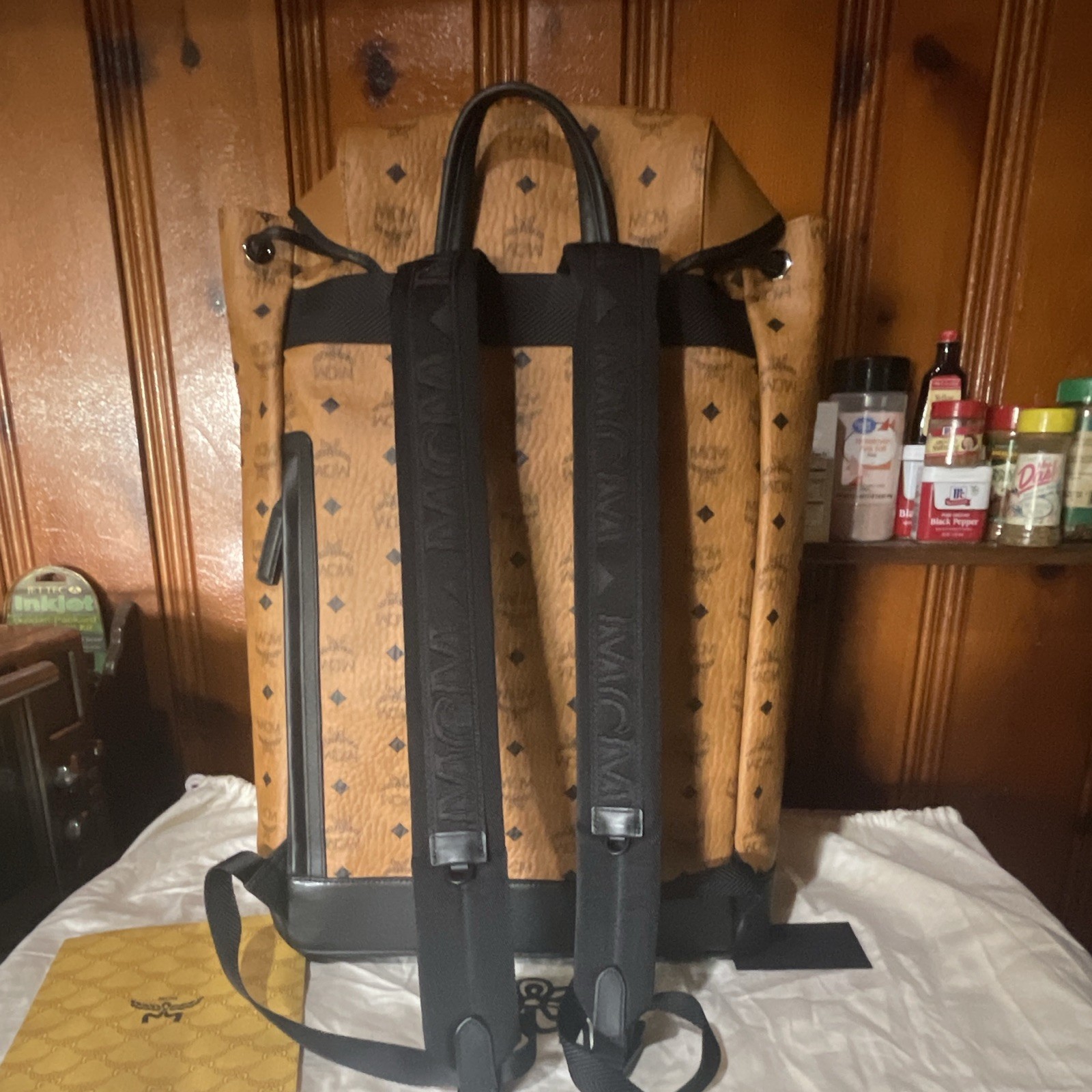 MCM Large Brandenburg Backpack Brown/Black Monogram Drawstring Buckle Pockets