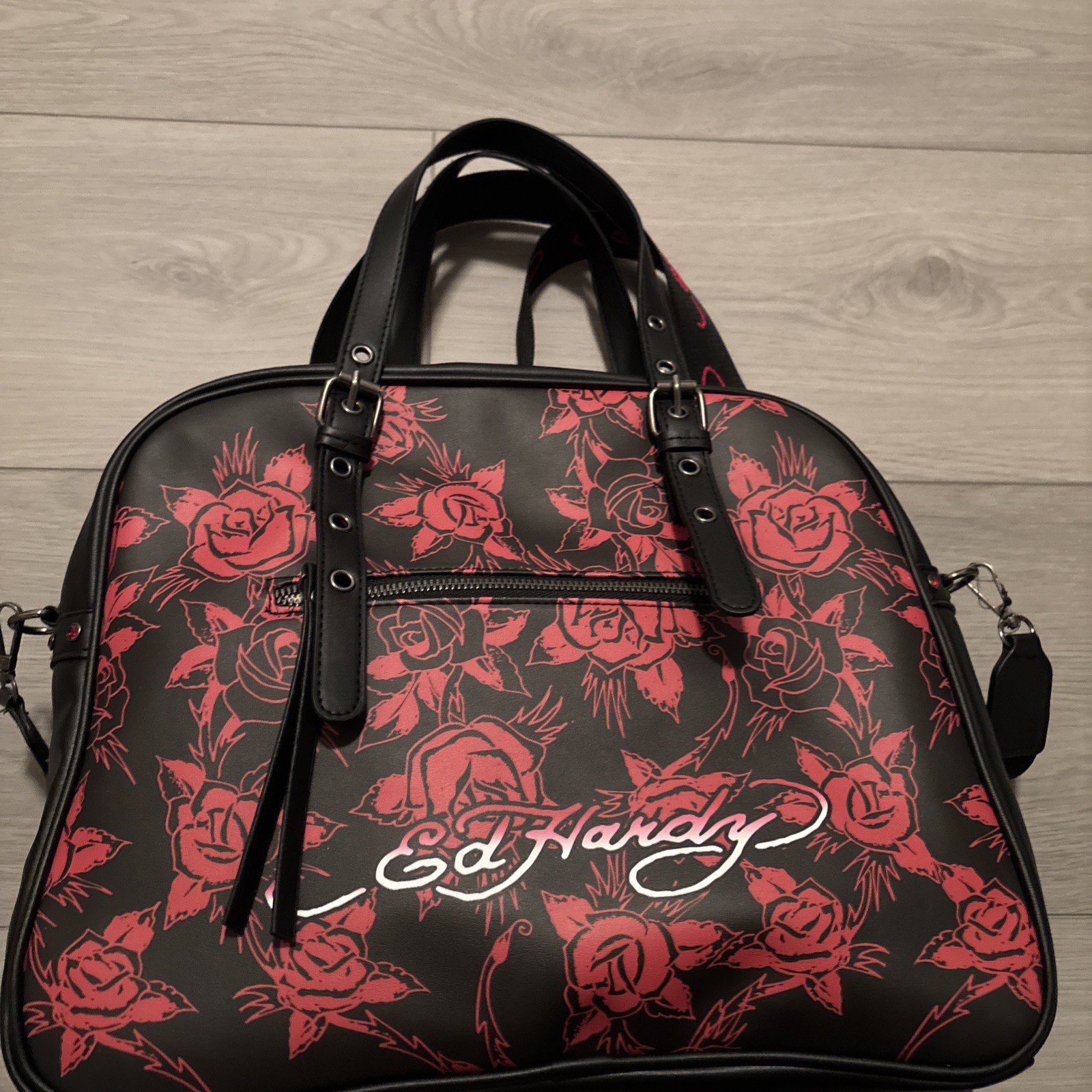 Ed Hardy Large Leather Tote Shoulder Bag Skull Roses Studded Rhinestone