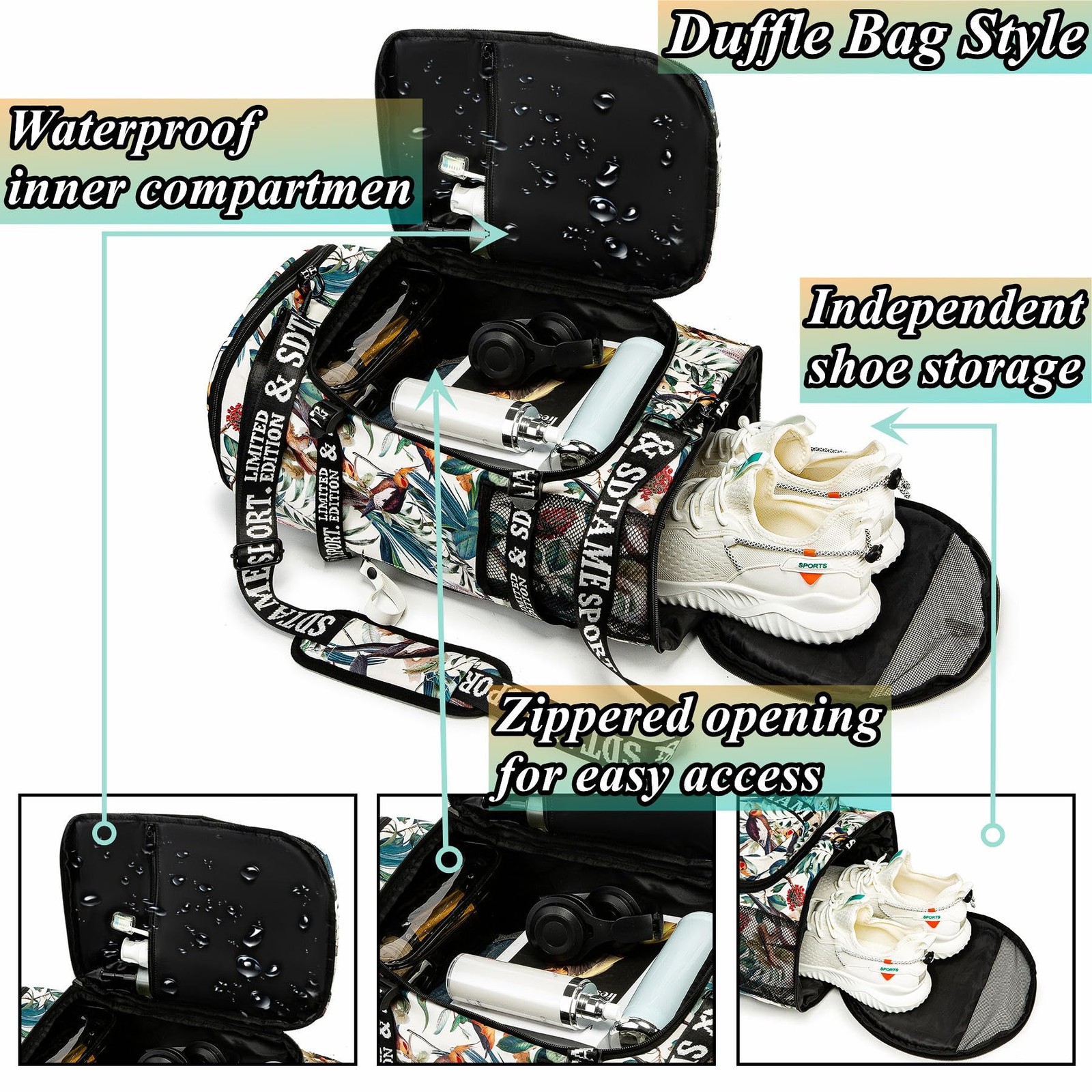 Gym Duffle Bag Backpack Shoe Compartment 4Way Travel Waterproof Laptop