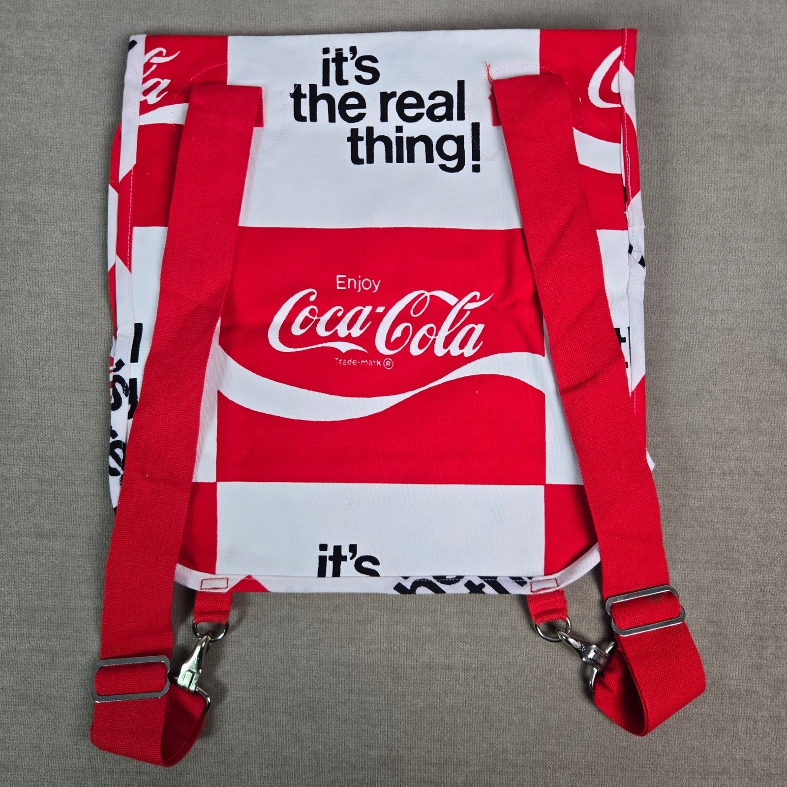 Coca-Cola Its The Real Thing Canvas Backpack Red White Logo Vintage Bag 1970s