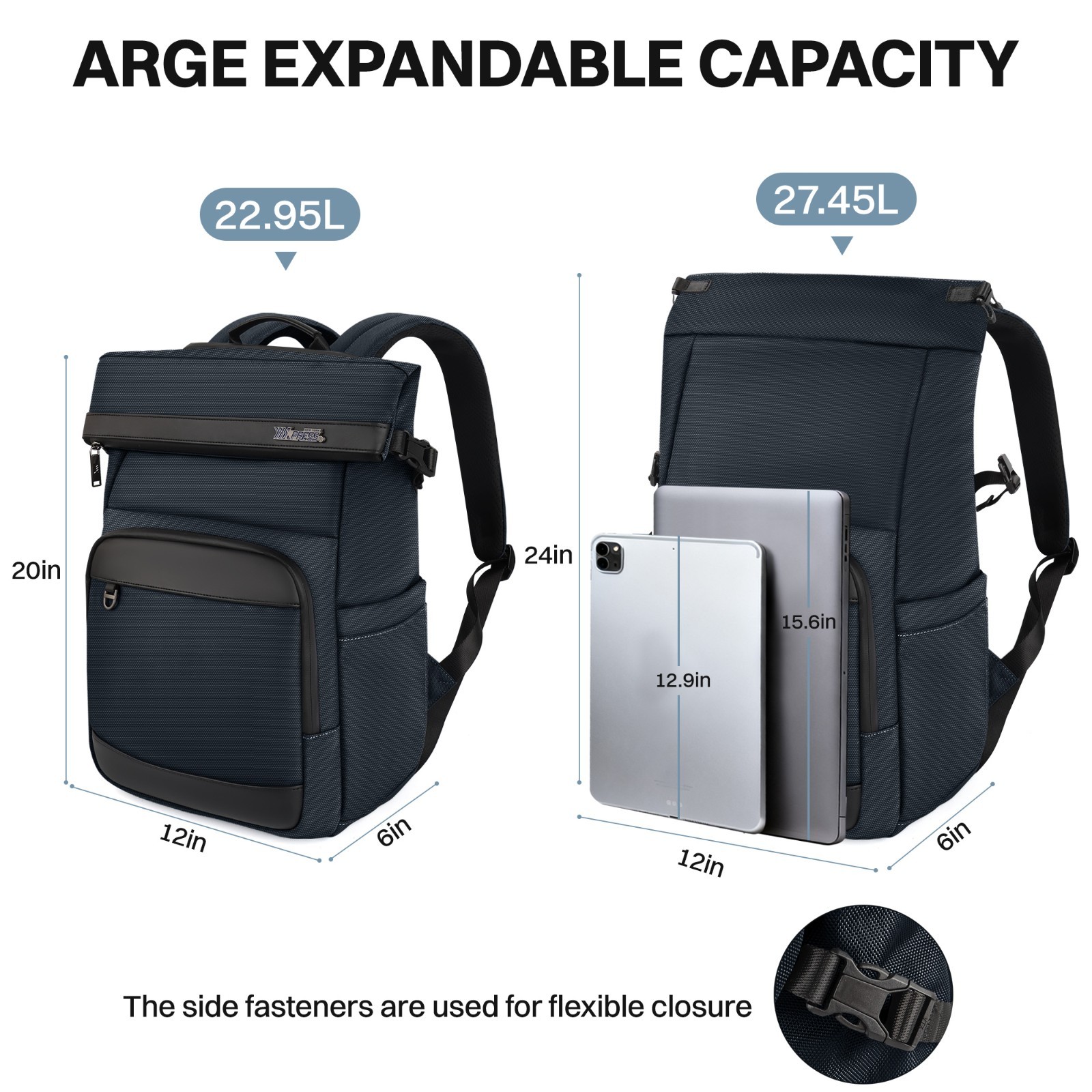 Rolltop Backpack Expandable for School University Work Fits 15.6″ Laptop Bookbag