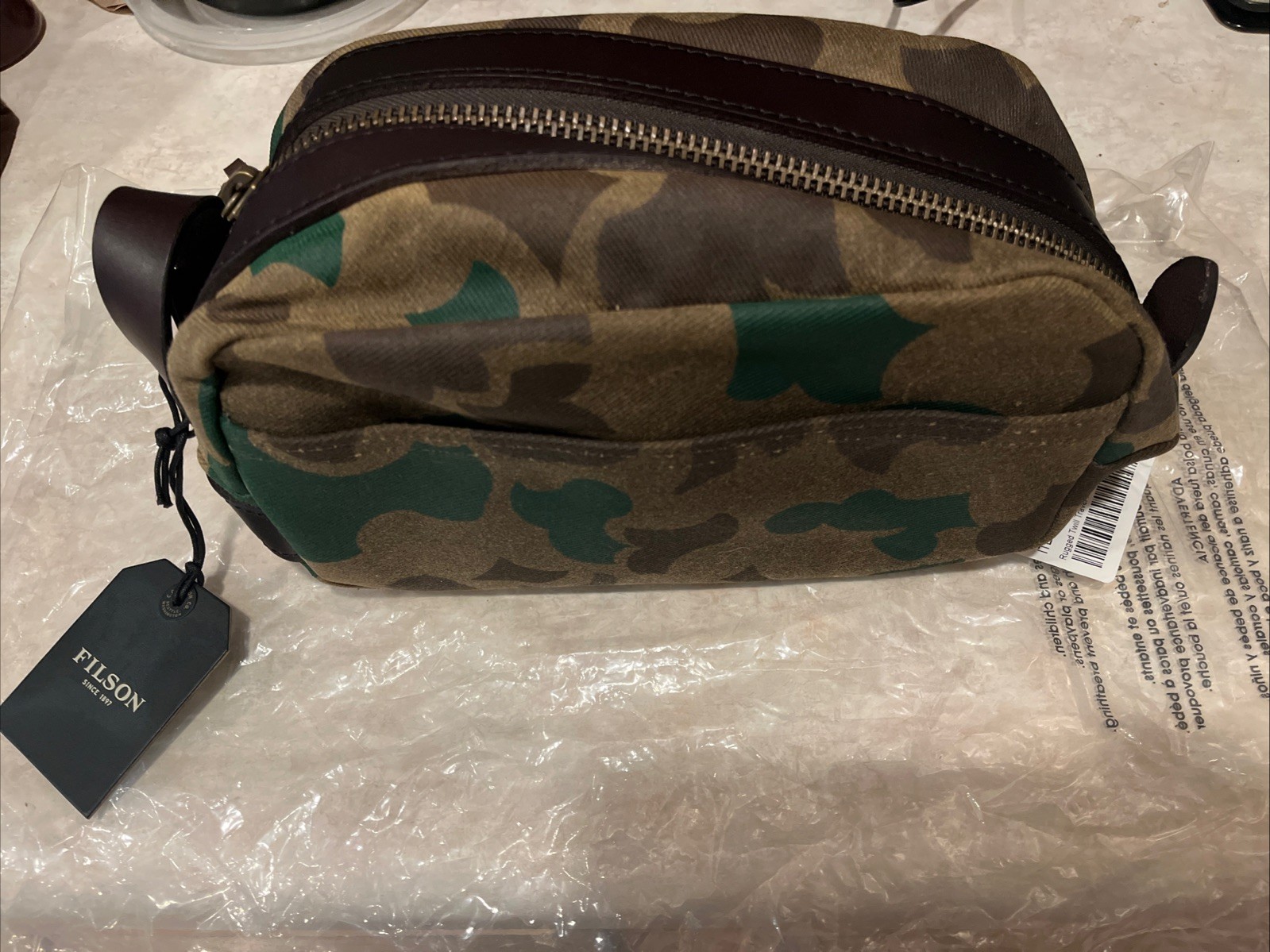 🔥 Filson NWT USA Travel Dopp Kit Bag Dark Wax Shrub Camo New Leather Waxed Oil