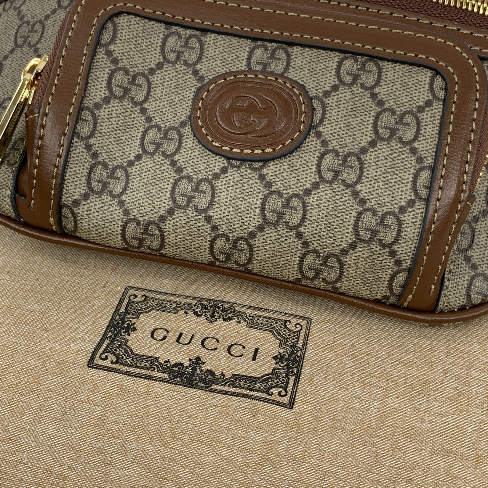Gucci GG Monogram Interlocking G Canvas Leather Crossbody Belt Bag Beige 682933