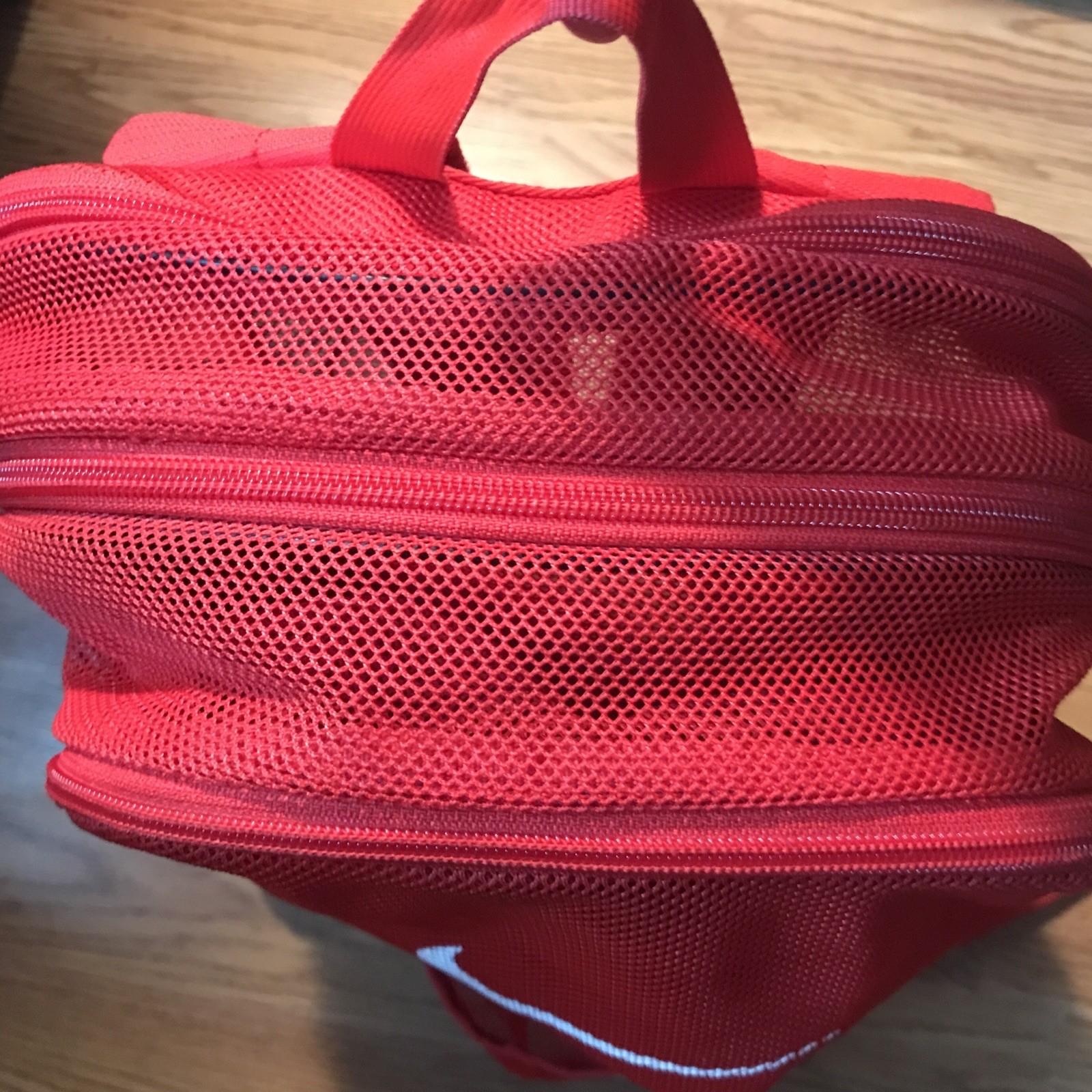 Nike Red Mesh Knit Backpack Comfort Strap Zip Close Divider Transparent Swoosh