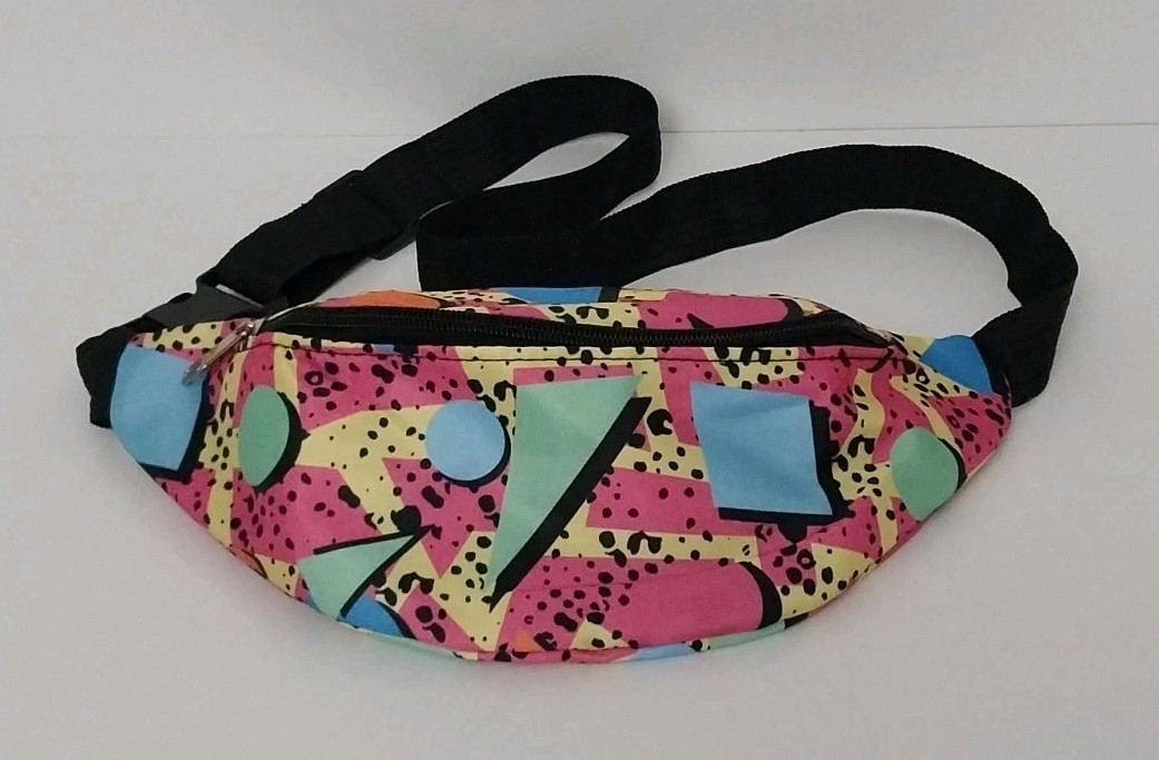 80s or 90s style Memphis pattern fanny pack with a black adjustable strap and…