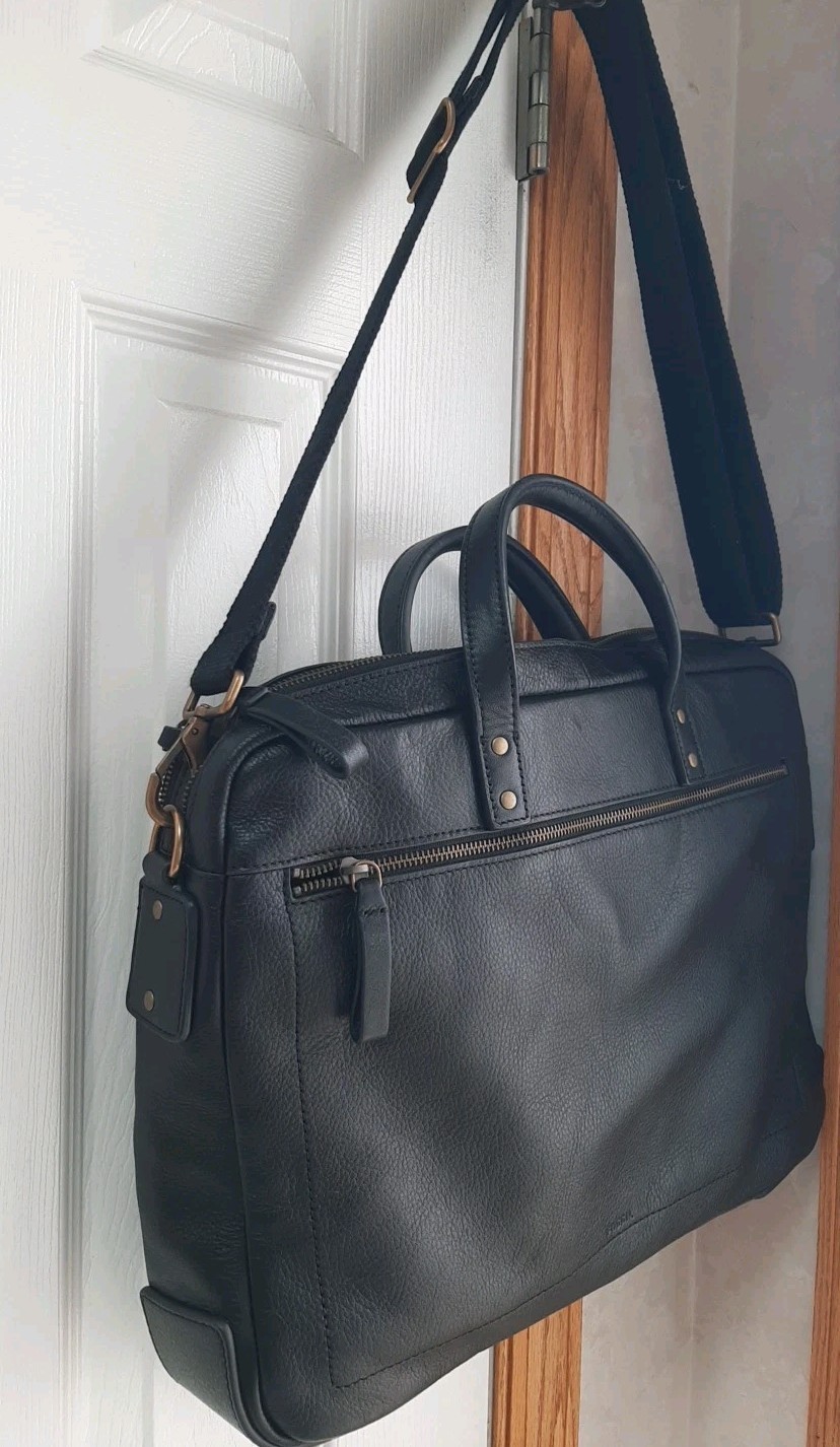 Fossil Men’s Haskell Black Leather Briefcase Business Attache 16.5″X4″X12.5″ NEW