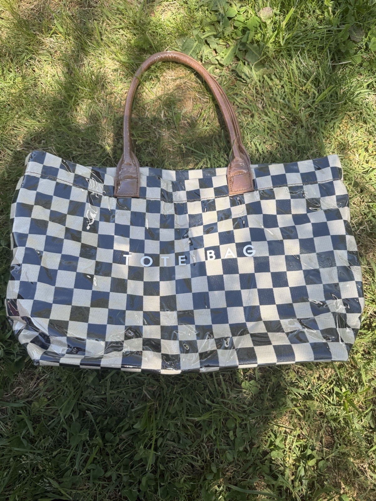 Large Checkered Tote Bag Black White Brown Double Faux Leather Handles Men