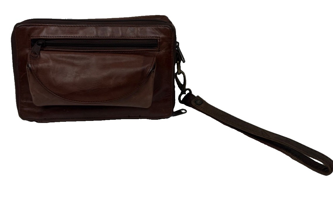 VTG Wilson”s Leather Brown Mens Hand Bag Wristlet Built In Eyeglass Phone Cases