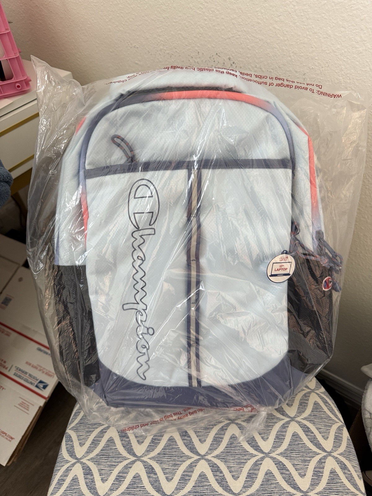 Champion Colorblock Backpack Blue White Pink Zip, Padded Adjustable Straps